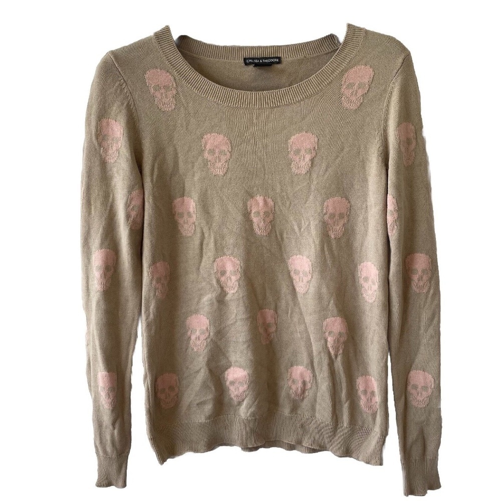 Chelsea + Theodore Skull Sweater Tan And Pink Cotton Modal